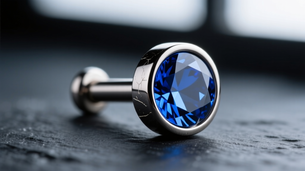 Macro shot of a 20-gauge titanium labret stud with a bezel-set sapphire on dark slate under soft, directional studio lighting.