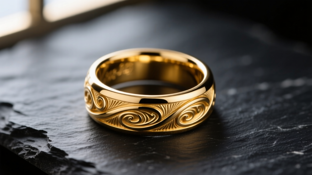 Macro shot of an 18k yellow gold signet ring on dark slate, highlighting rich metallic luster and precise hand-engraved details