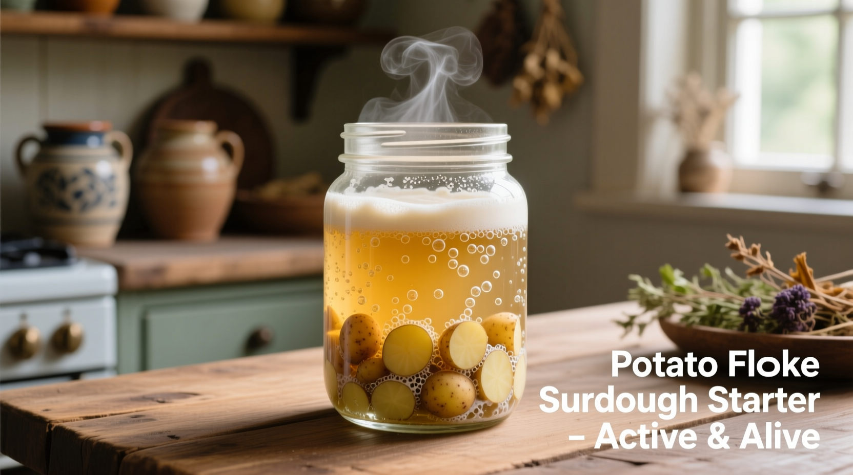 Potato flake sourdough starter in glass jar
