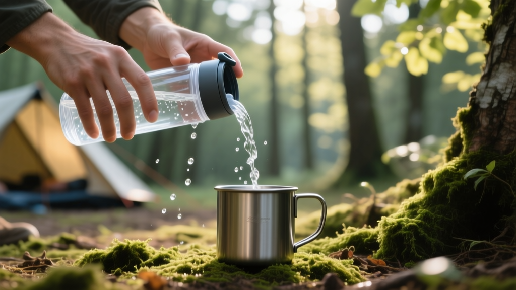 Hands pressing down on a portable water filter purifier bottle to filter stream water into a stainless steel camp mug at a forest campsite