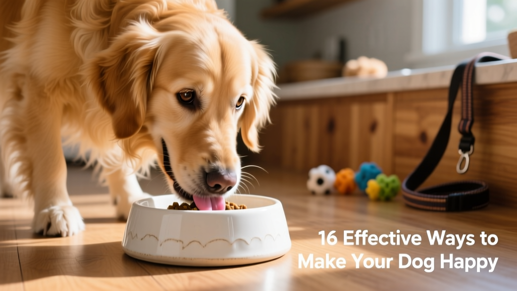 Close-up of a dog happily eating from a clean ceramic food bowl