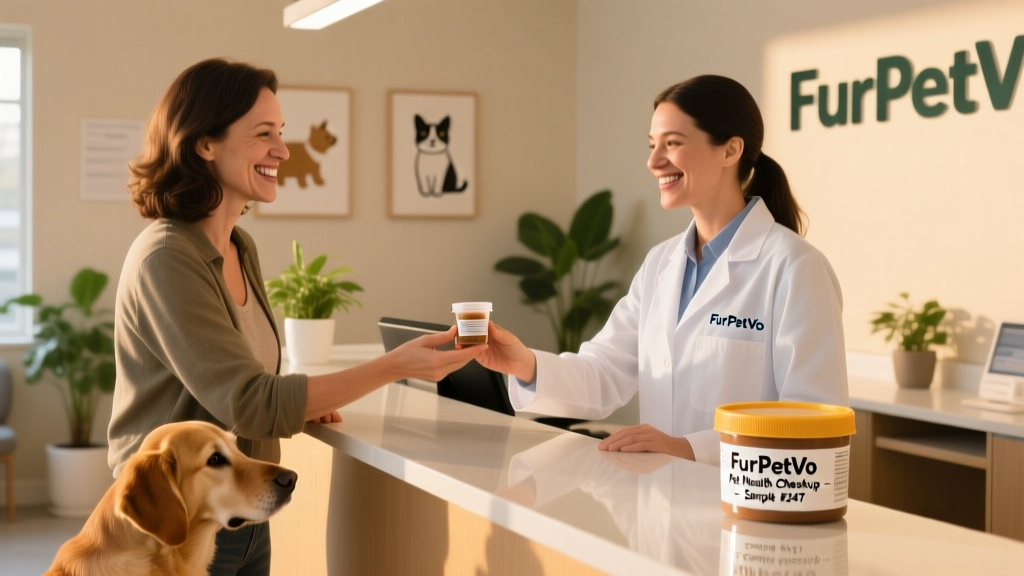 A smiling pet owner handing a small, sealed stool sample container to a veterinary technician at a FurPetVo clinic front desk