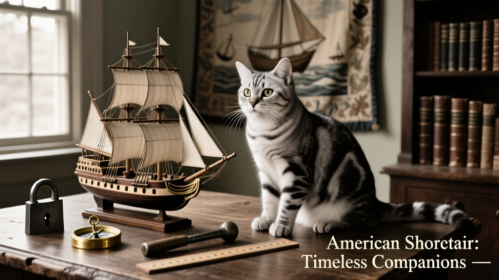 Historic black-and-white photo recreation: an American Shorthair posed beside a vintage-style ship model and colonial-era tools