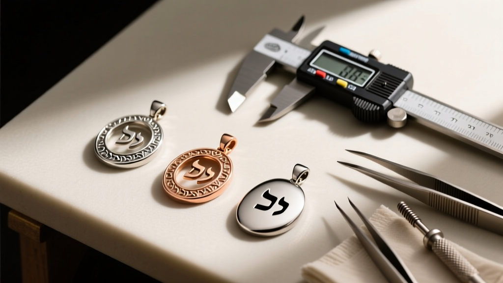 Flat lay of Hebrew pendants in titanium, rose gold, and steel on a jeweler bench next to digital metal calipers and tools