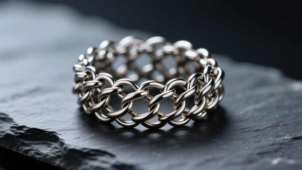 Close-up of a woven titanium chainmaille finger ring featuring a complex Byzantine jump ring pattern resting on dark slate