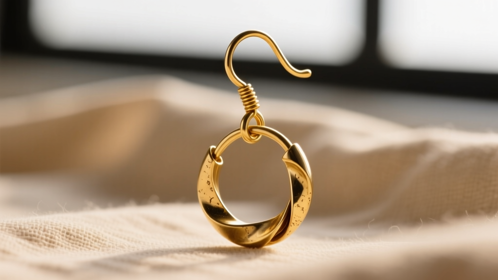 Macro photography of a 20-gauge gold French wire hook connecting to an articulated jump ring on a vintage-style dauplaise earring.