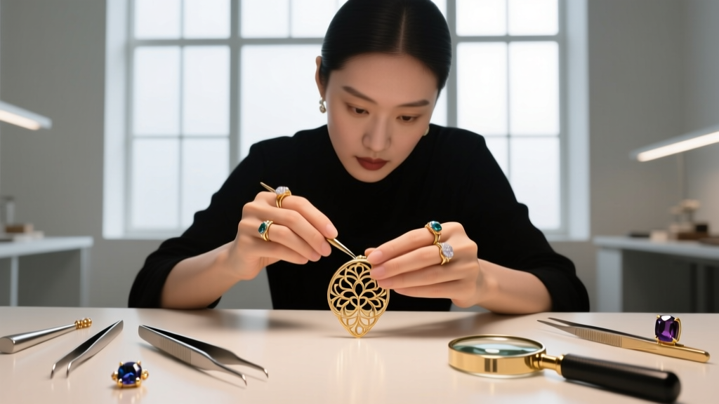 A jeweler's loupe magnifying the 750 hallmark on an 18k gold heart necklace bail, set against a softly blurred workshop background