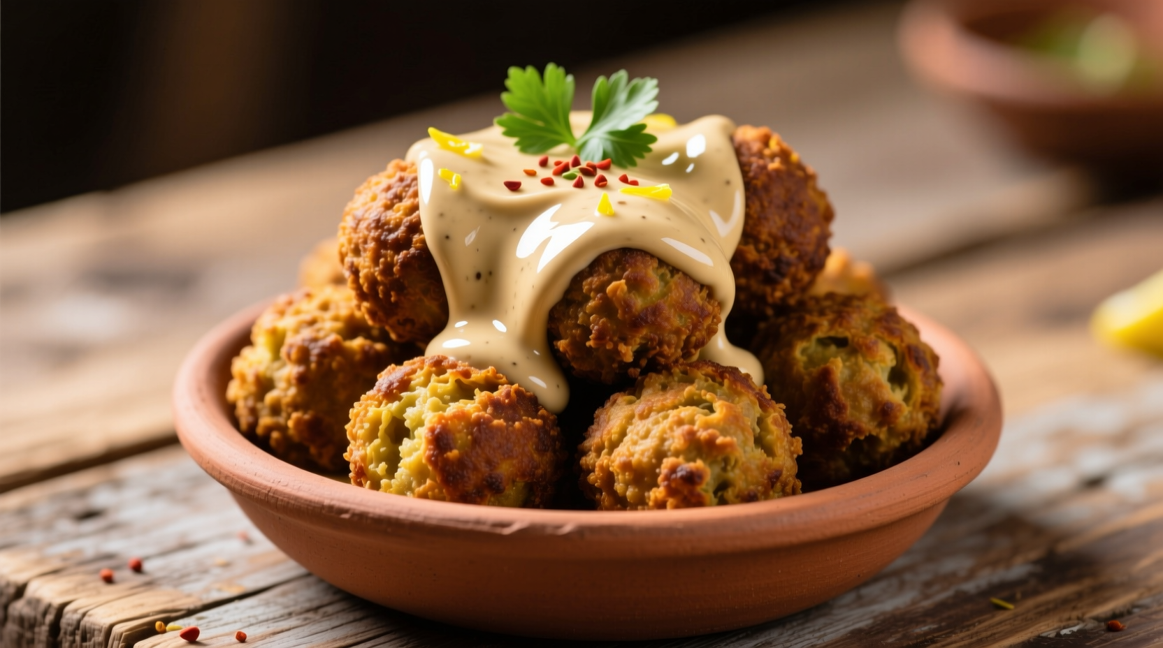 Golden brown falafel balls with tahini sauce