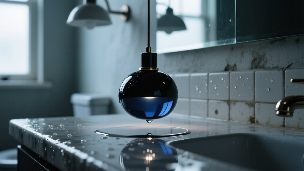 Dark unlit black and navy blue mood pendant resting on a damp bathroom counter next to a small puddle of water in moody lighting
