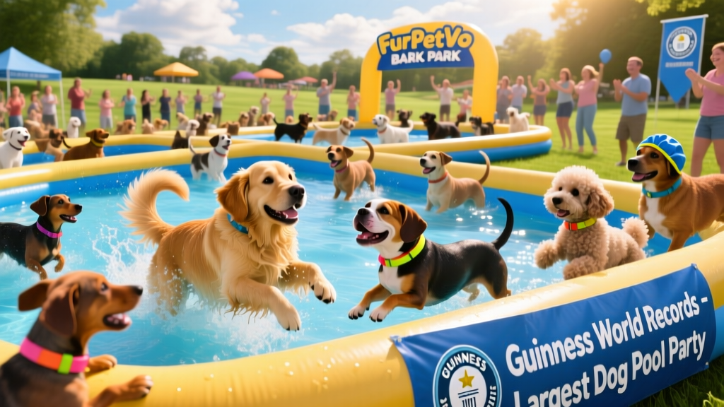A joyful crowd of dogs playing together in multiple inflatable pools at FurPetVo Bark Park