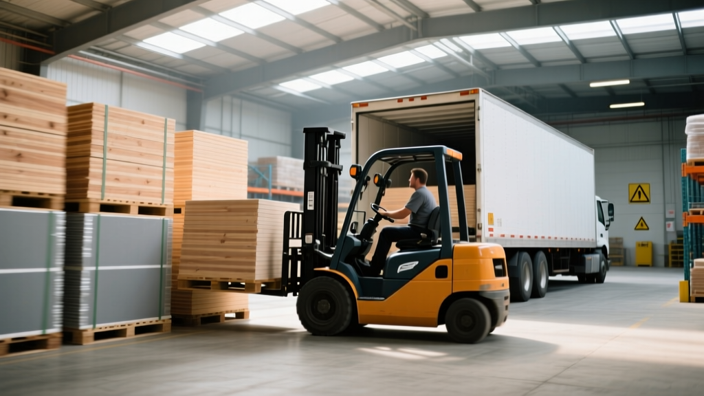 Forklift loading stacked pallets of drywall and lumber into a box truck for online building material delivery at a busy warehouse