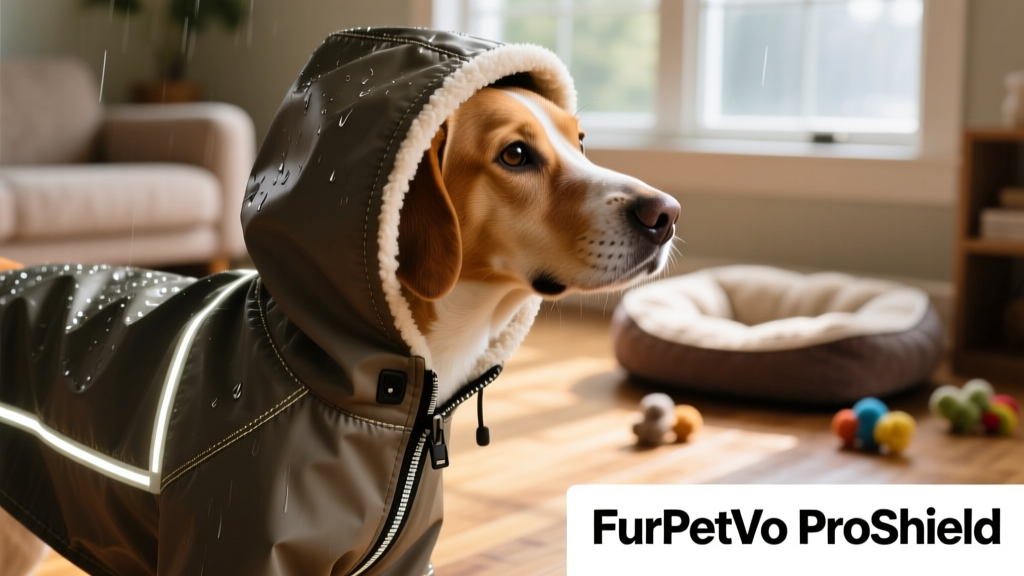 Close-up of FurPetVo ProShield's taped seams, reflective piping, and adjustable hood with fleece-lined interior