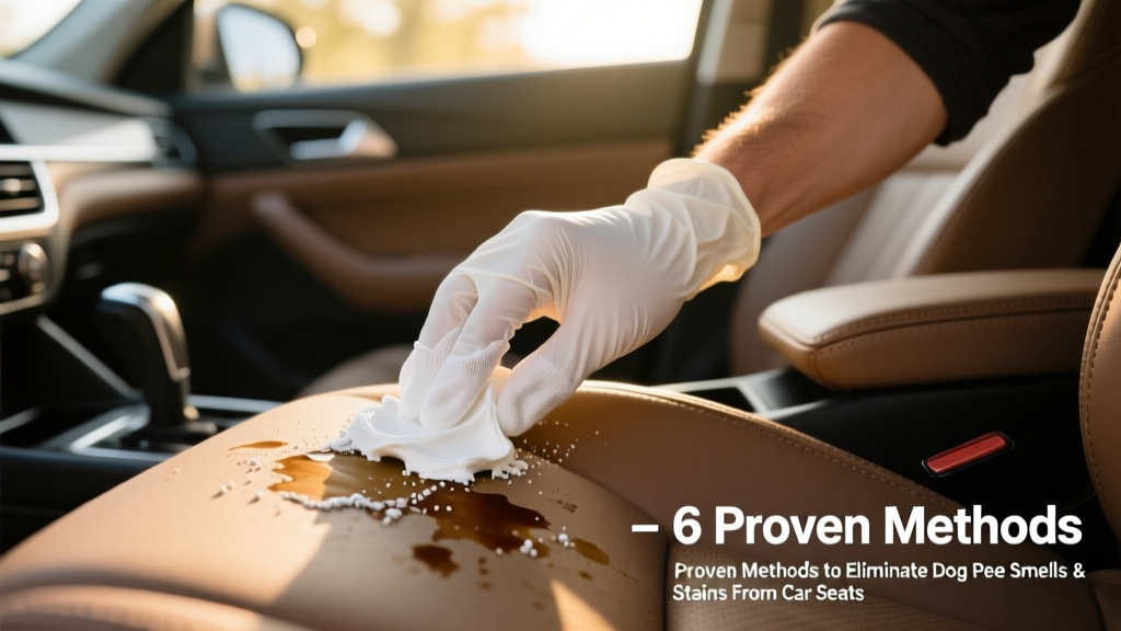 Person applying baking soda paste to car seat with gloved hands, showing careful coverage of stained area