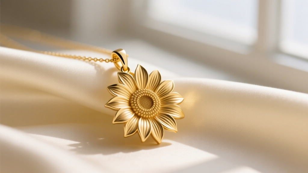 Close-up of a solid 14k yellow gold sunflower necklace pendant resting on cream silk fabric, showing intricate petal textures.
