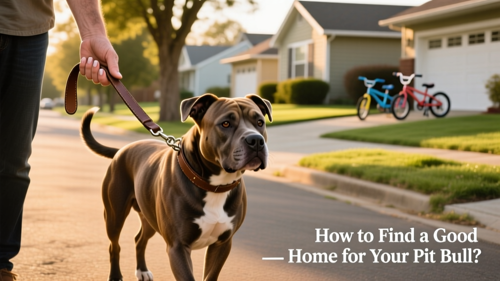 Two hands gently holding a leash while a relaxed pit bull walks calmly beside them on a quiet neighborhood street