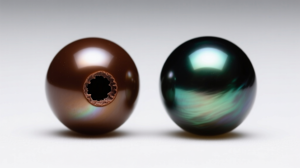 Macro photo comparing a dyed freshwater chocolate pearl with dye in the drill hole next to a natural Tahitian pearl.