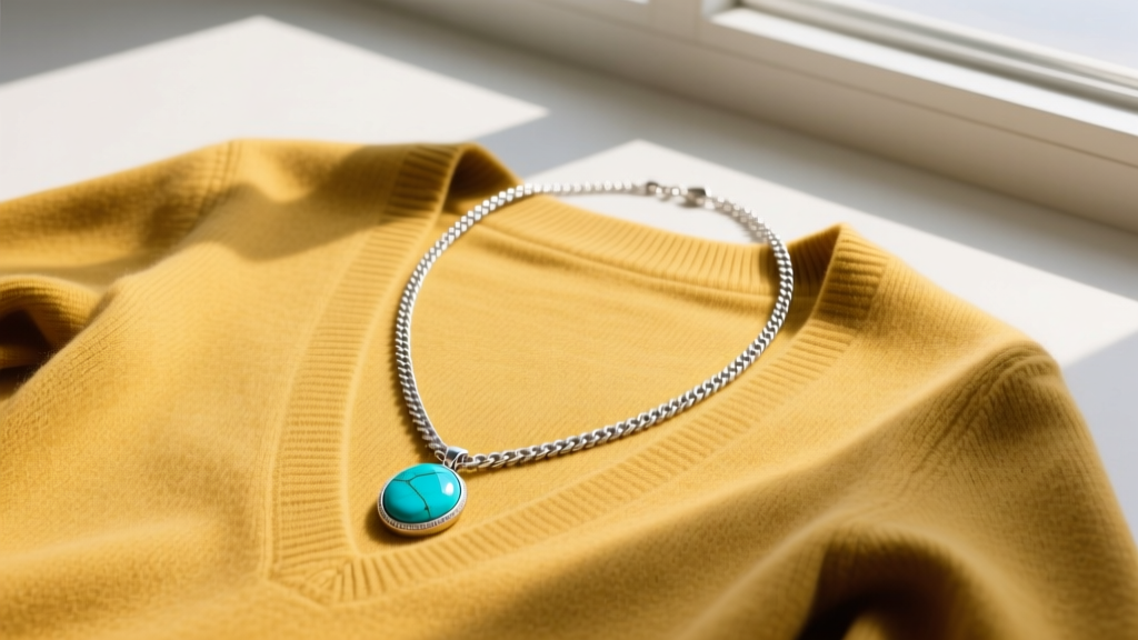 Flat lay of a 28-inch silver lariat necklace with a turquoise pendant draped over a folded mustard-yellow cashmere V-neck sweater.