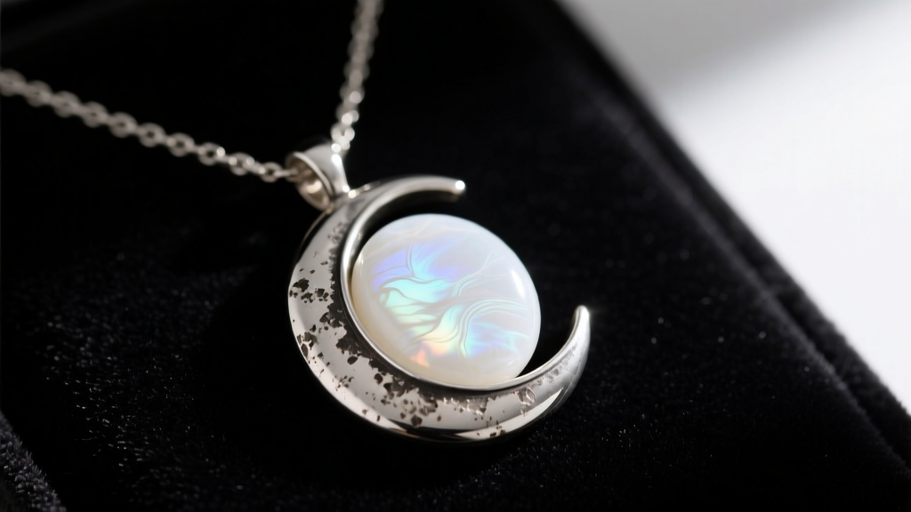 Close-up of a tarnished silver moon pendant necklace with a cloudy central projection stone resting on dark velvet.