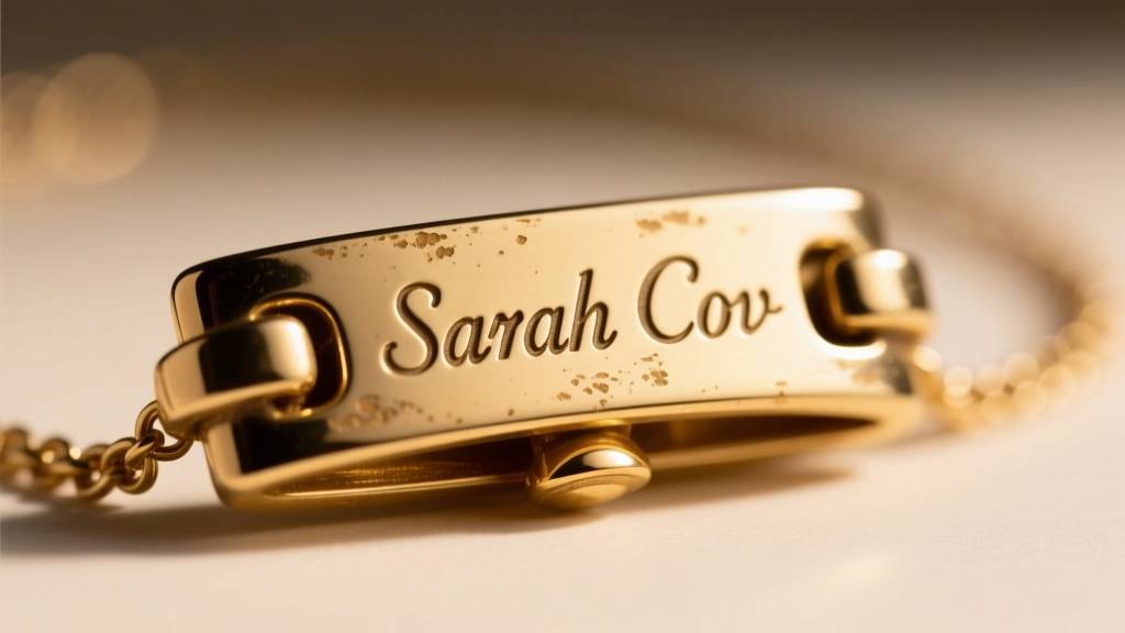 Macro shot of the stamped Sarah Cov hallmark on a vintage gold-tone fold-over necklace clasp under bright, focused lighting.