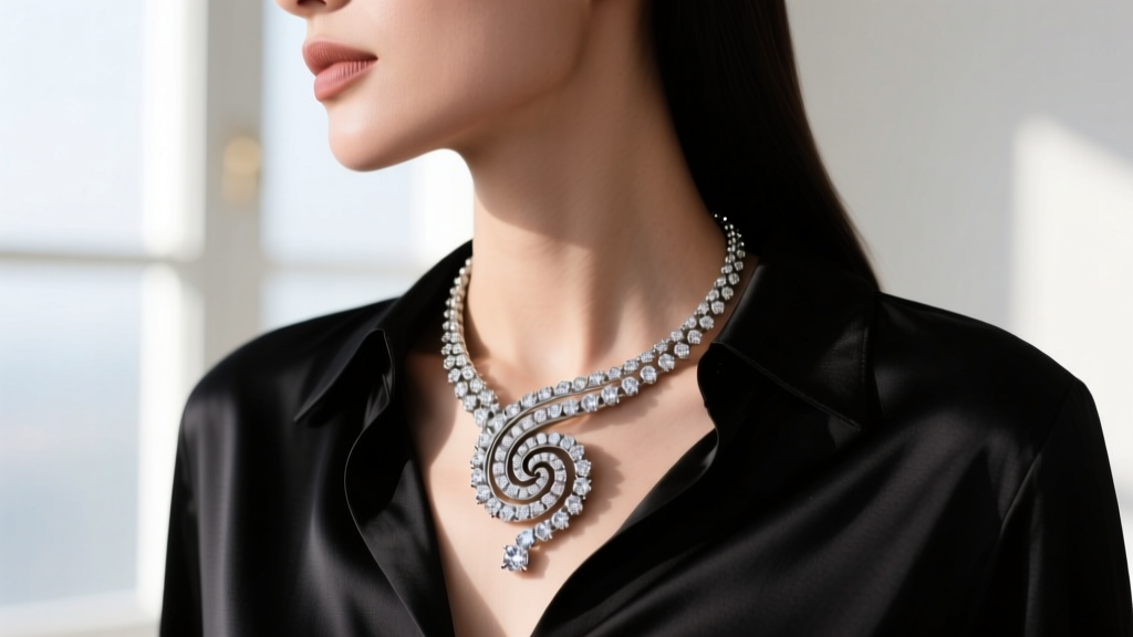 Close-up of a woman wearing a diamond-encrusted Bvlgari B.zero1 pendant necklace over black silk, highlighting the spiral design