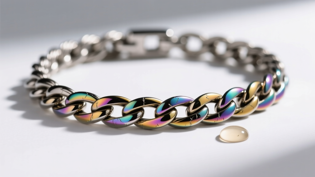 Macro shot of a PVD-coated stainless steel rope chain necklace showing the titanium nitride layer, placed next to synthetic sweat