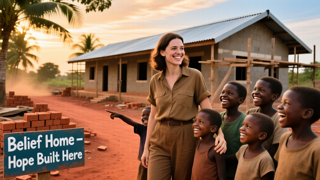 Amanda smiling with children at the Belief Home construction site in Dodowa, Ghana