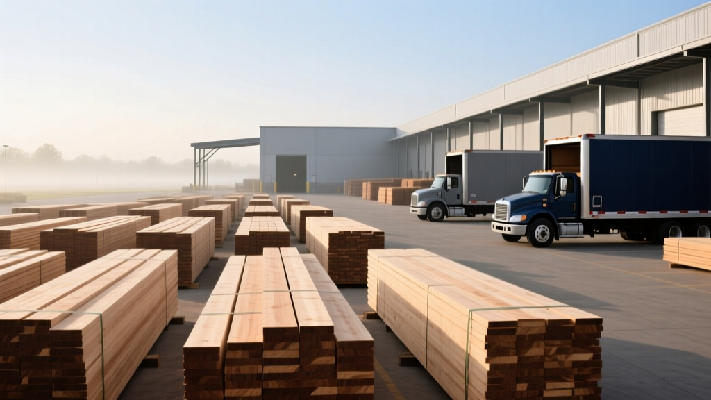 Exterior of a modern building materials supply yard in Southfield Michigan with stacked commercial lumber and delivery trucks on a crisp morning