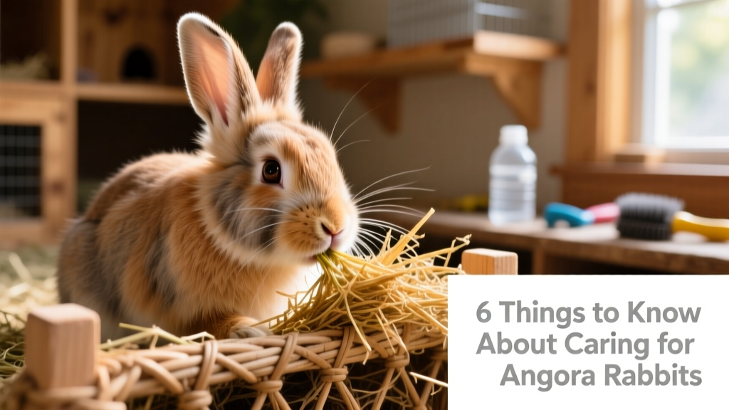 Close-up of an Angora rabbit nibbling fresh timothy hay from a woven hay rack