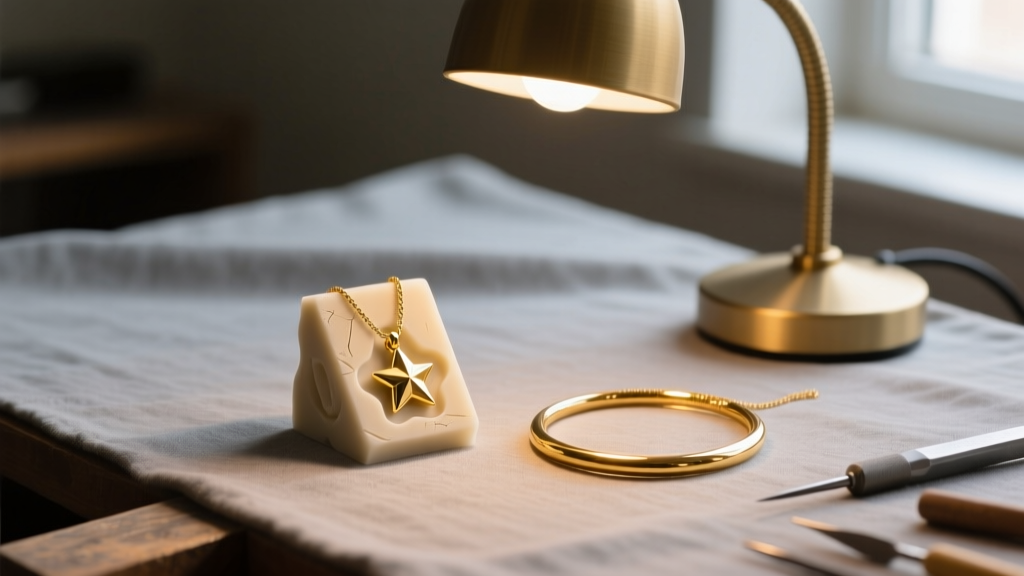 Jeweler workbench displaying a wax mold for a small star pendant next to a polished 14k gold necklace, lit by a warm desk lamp.