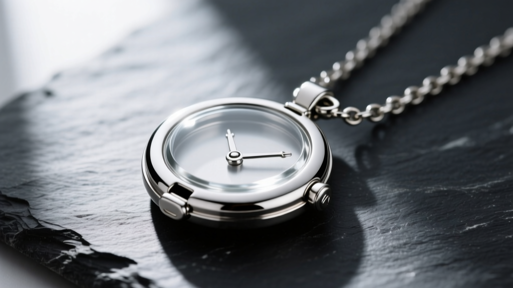 Close-up of a silver customizable locket necklace resting on dark slate, highlighting the intricate hinge and glass bezel details