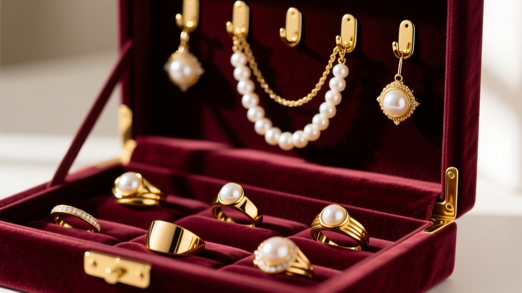 Velvet Stella jewelry box interior displaying gold rings and pearl necklaces hanging neatly on built-in anti-tarnish brass hooks.