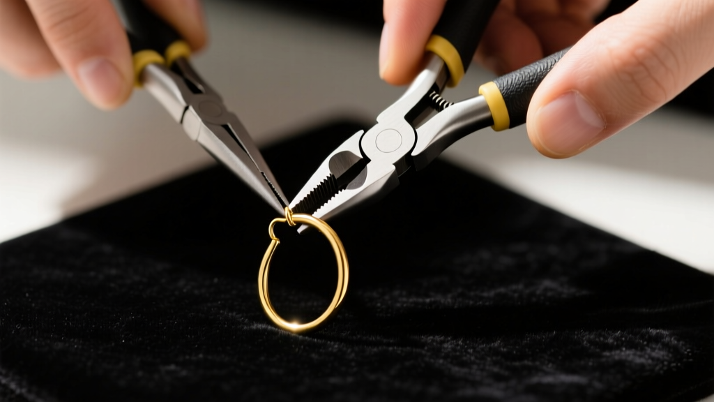 Close-up of hands using nylon-jaw pliers to gently reshape a 20-gauge 14k yellow gold hoop earring wire on a dark velvet mat.
