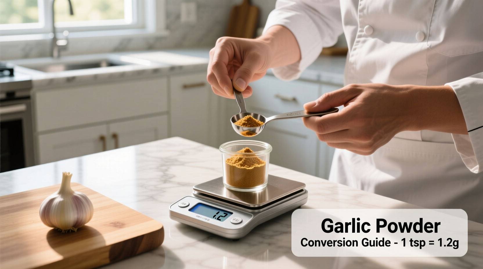 Chef measuring garlic powder conversion in kitchen