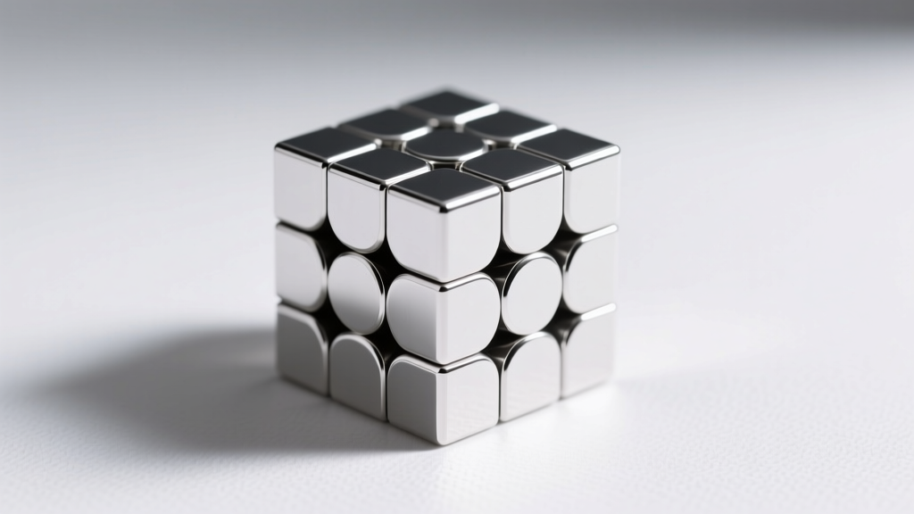 Flat lay of sterling silver Rubik's cube earrings on a microfiber cloth next to mild soap solution and a soft jewelry brush