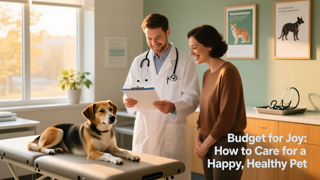 A friendly, empathetic veterinarian reviewing paperwork with a pet owner, while a calm dog rests nearby on an exam table