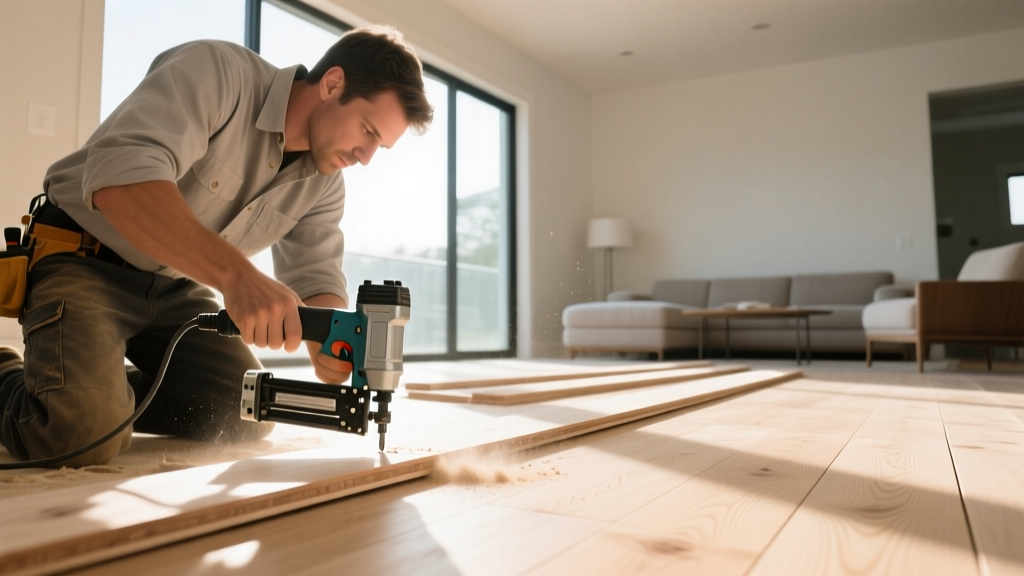 Carpenter pre-drilling and securing pale hard maple flooring boards with a pneumatic nailer in a sunlit modern living room