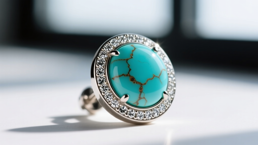 Macro view of a bezel-set turquoise and diamond stud earring, showing the secure metal rim protecting the porous gemstone edge.