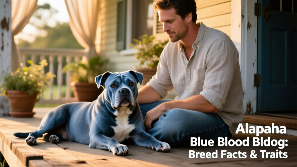An Alapaha Blue Blood Bulldog resting calmly beside its owner on a porch