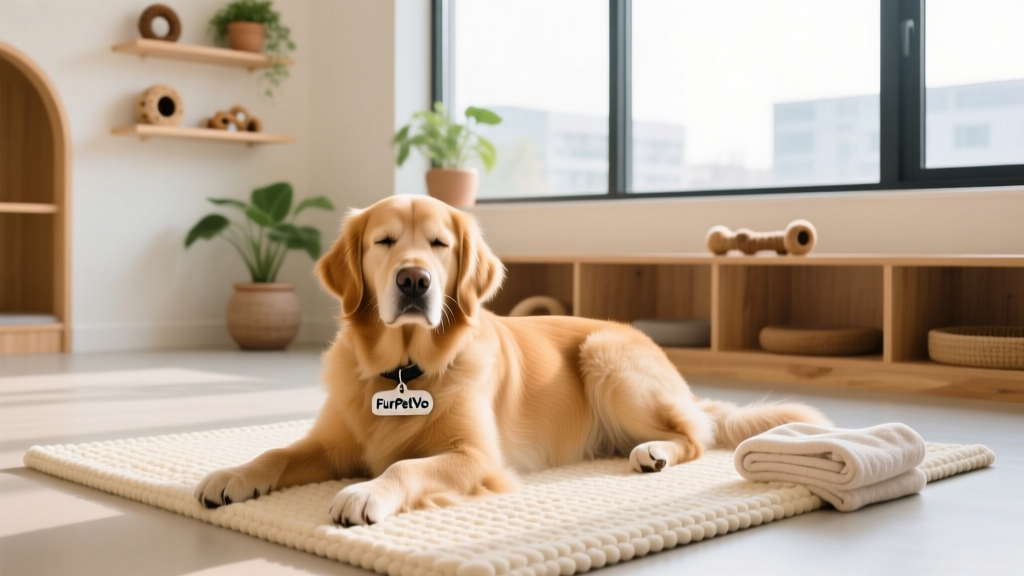A relaxed, content dog resting comfortably on a cozy mat at a clean, inviting FurPetVo daycare lounge area, with soft lighting and calming decor