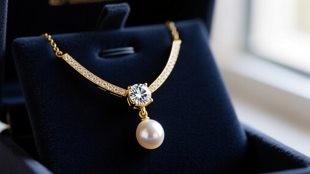 Close-up of a gold lavalier necklace with a central diamond and dangling pearl drop resting on a dark velvet jewelry cleaning mat.