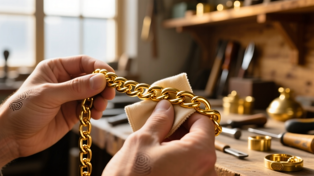 Hands polishing a thick gold chain with a microfiber cloth, blurred workshop background, warm golden tones, detailed macro view.