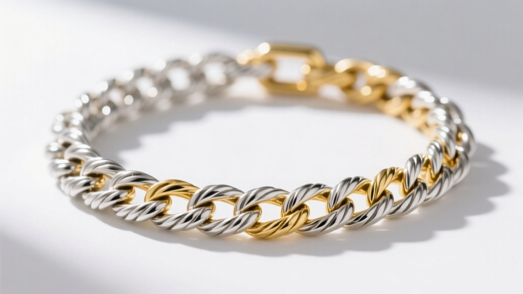 Macro shot of a 14k white gold mens rope chain necklace with fading rhodium plating revealing pale yellow gold underneath