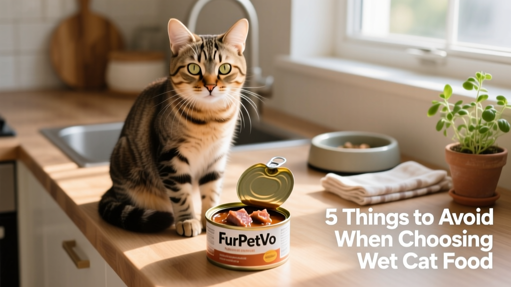 Happy cat sitting beside an open can of FurPetVo wet food, looking alert and engaged