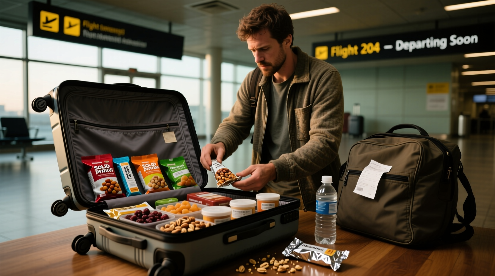 Traveler packing solid food items in carry-on luggage