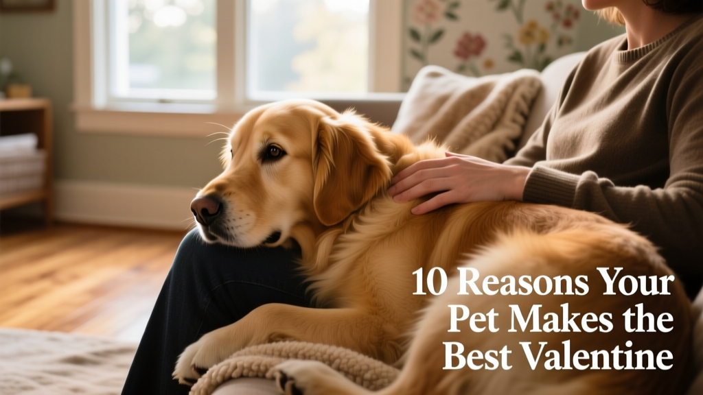 A golden retriever resting its head gently on its owner's lap while making loving eye contact