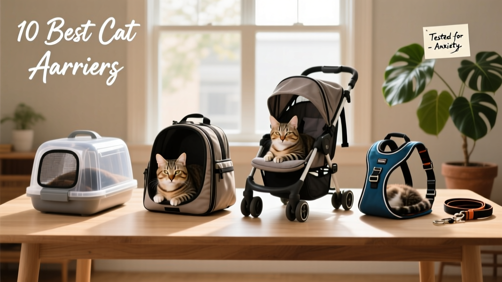 Side-by-side comparison of four different cat carriers: hard-sided plastic, soft-sided bag, stroller-style, and sport-style