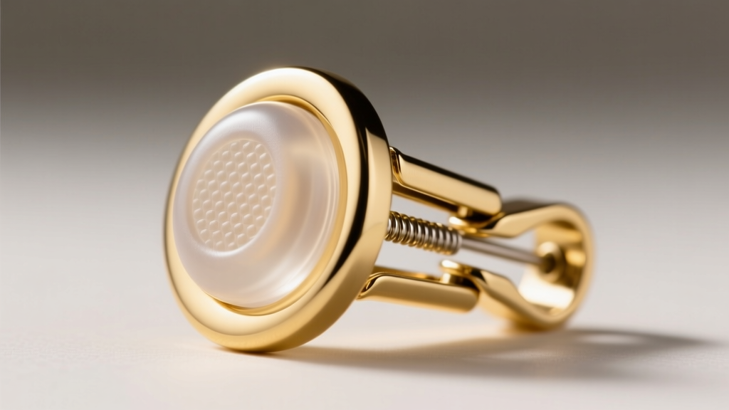 Close-up of a gold paddle-back clip earring mechanism showing a clear silicone comfort pad and adjustable metal hinge