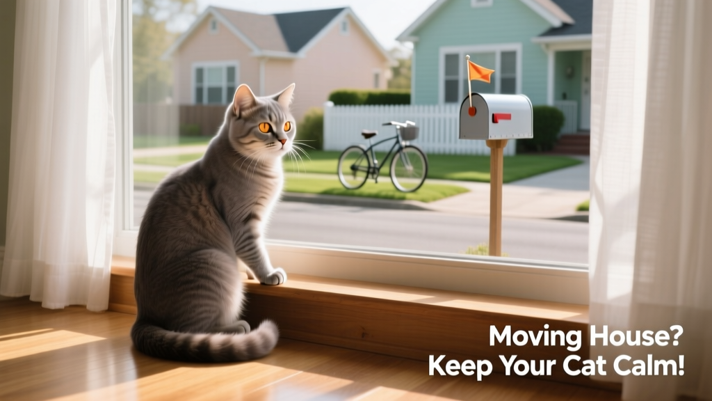 A cat sitting calmly on a windowsill overlooking a quiet suburban street, looking relaxed and settled