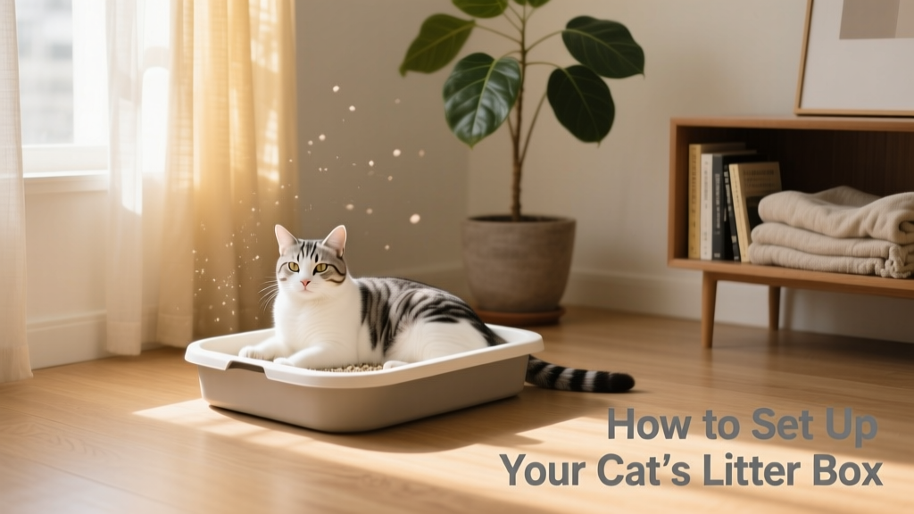 A white-and-gray cat comfortably using a simple, uncovered litter tray placed in a quiet corner of a sunlit room