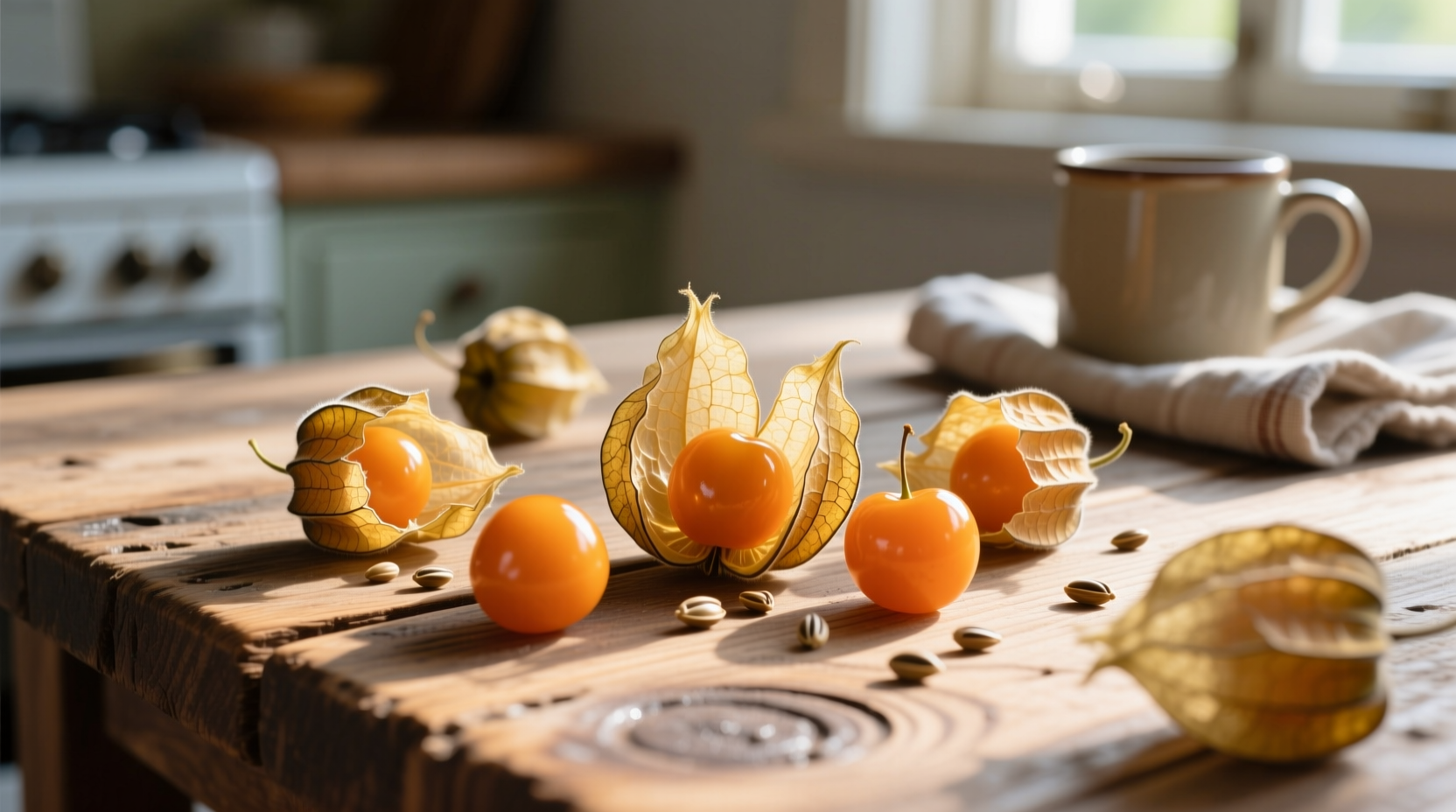 Ripe ground cherries spilling from split husks on a wooden table